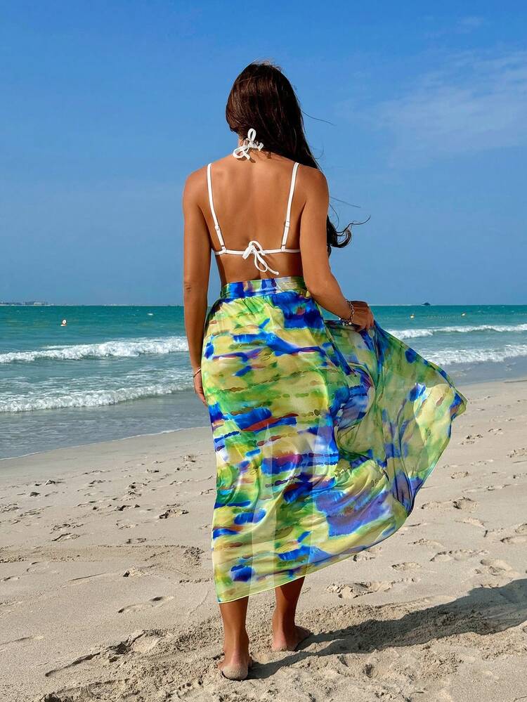 Sexy Hollow Out Bikini Set With Tie-Dye Printed Skirt, Two-Piece Bikini Set With Separate Sarong Swimwear, 3pcs/Set Summer Beach