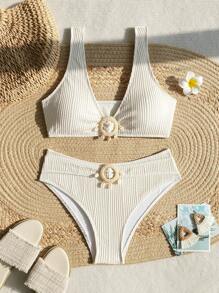 SHEIN Swim Summer Women's Plain Textured Bikini Set