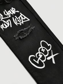 SHEIN Jeans di denim strappati con stampa grafica di cartoni animati e lettere, stile Y2K per ragazze pre-adolescenti, stile boho per primavera ed estate - nero - Visualizzare 3