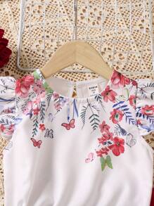 SHEIN Conjunto de 2 piezas con blusa de cuello redondo y estampado floral, y pantalones con cintura paper bag para niñas jóvenes - Multicolor - Ver 5