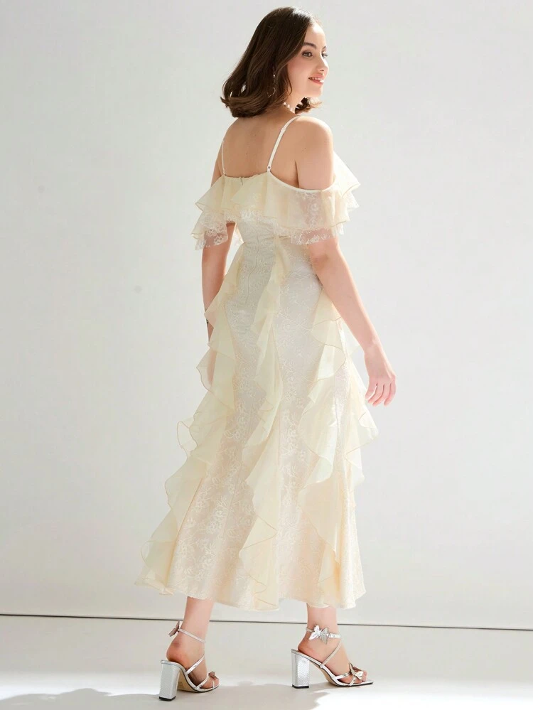 Women's Cold-Shoulder Ruffle Edge Cream Lace Dress