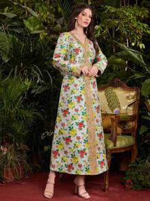 Al Najma Robe arabe à col V avec imprimé floral pour femmes - Multicolore - Voir 5