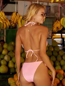 SHEIN Swim 女士花卉刺绣装饰两件套比基尼套装文胸和比基尼套装下装比基尼套装适合夏季海滩 - 粉色 - 查看 4