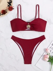 SHEIN Swim 纯色两件套比基尼套装夏季海滩 - 酒紅色 - 查看 1