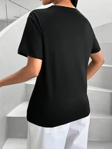 SHEIN Essnce 女款星星鑽石裝飾t恤 - 黑色 - 查看 2