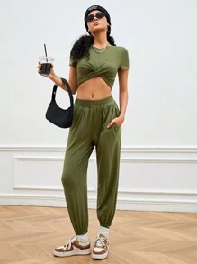 Gameset SHEIN Sport Women's Round Neck Twist Front Athletic Tracksuit - Olive Green - View 3