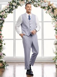 Manfinity VCAY Men's Plus Size Grid Single-Breasted Suit Vest And Pants