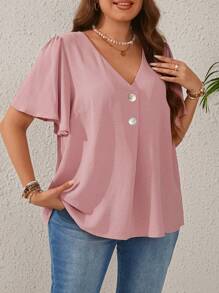 EMERY ROSE Plus Size Women's Butterfly Sleeve Button Up Shirt - Pink - View 4