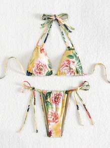SHEIN Swim Conjunto de bikini de escote de halter con estampado floral para mujer, para la playa de verano