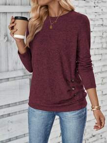 SHEIN LUNE Women's Round Neck Long Sleeve T-Shirt With Button Decoration Fall Cloth For Women - Red Violet - View 6
