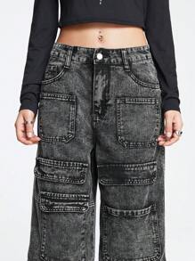 ROMWE Grunge Punk Flap Pocket Cargo Jeans - Dark Grey - View 5