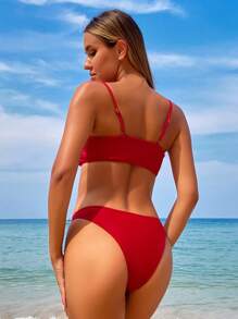 SHEIN Swim 纯色两件套比基尼套装夏季海滩 - 酒紅色 - 查看 5
