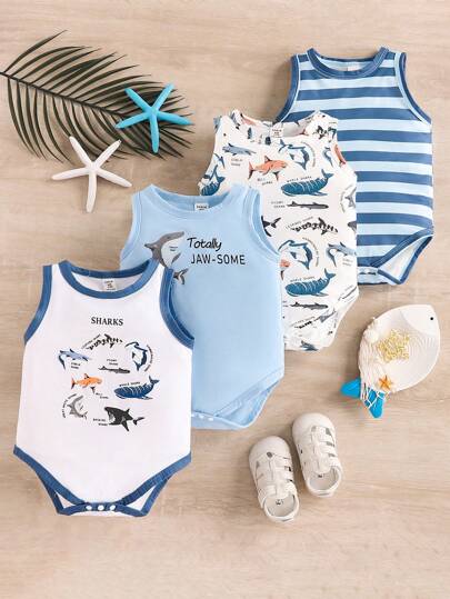 SHEIN Vintaside Kids 4pcs Baby Boys' Funny Shark Print & Striped Sleeveless Romper, Spring/Summer Holiday