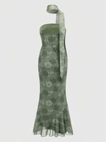 ROMWE Của phụ nữ Retro Hoa Quây Lưới Váy nàng tiên cá - màu xanh lá - Xem 2