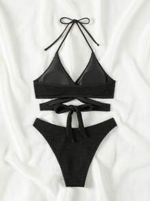 SHEIN Swim Conjunto de bikini de dos piezas con diseño de tirantes halter, para verano y playa - Negro - Ver 4