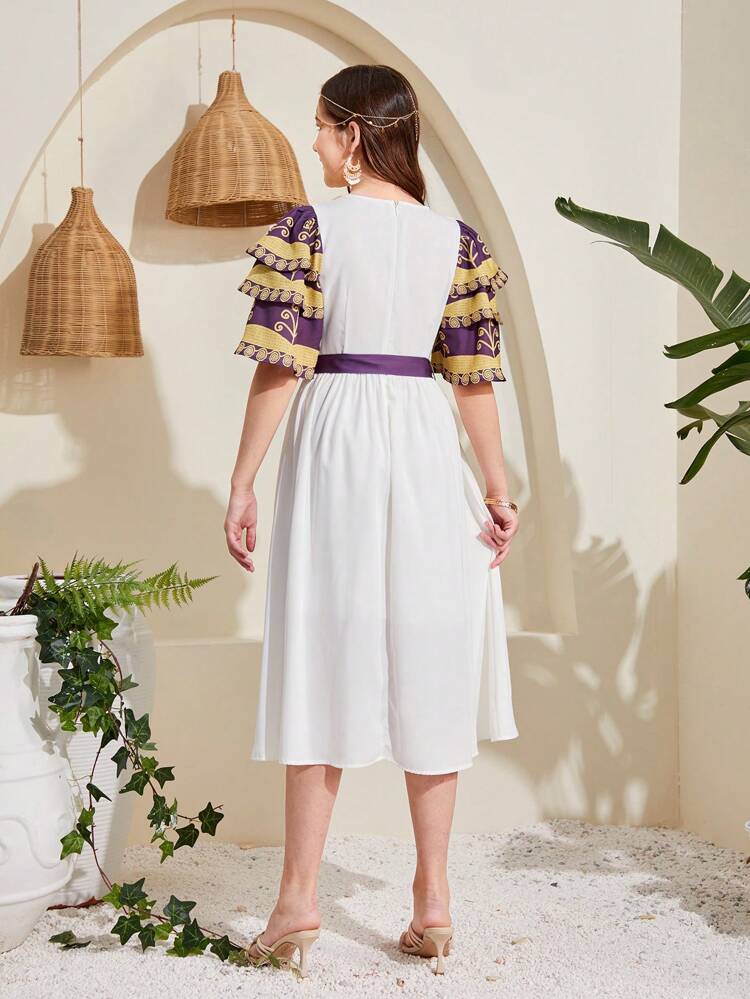 Teen Girl's Woven Color Block Embroidery Collar Layered Contrast Ruffle Sleeve Belted Dress
