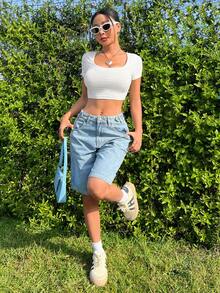 SHEIN EZwear 白色針織中空刺繡修身t卹 - 白色 - 查看 6