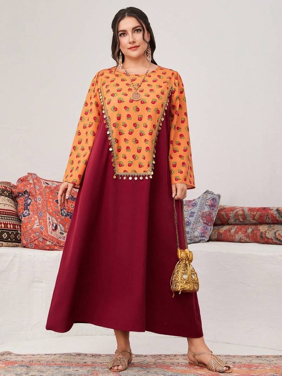 Al Najma 勃艮第红色加大码拼色圆领花卉印花阿拉伯风格女式长袍 - 酒紅色 - 查看 1