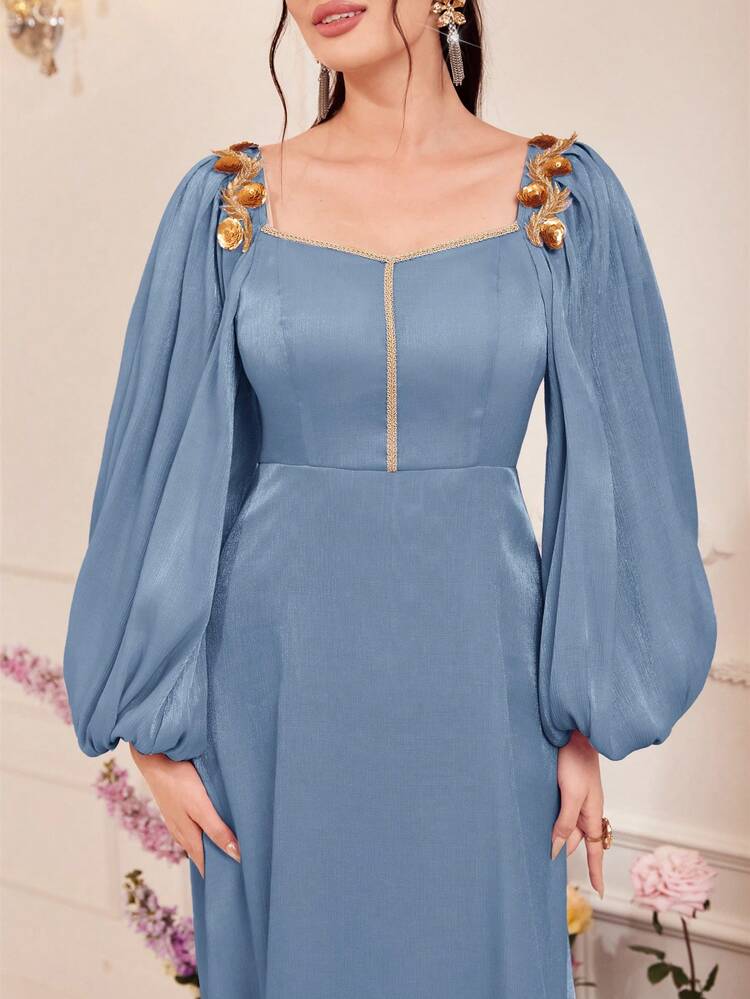 Stitching Woven Tape Lantern Sleeves Empire Waist Dress Long Evening Dresses