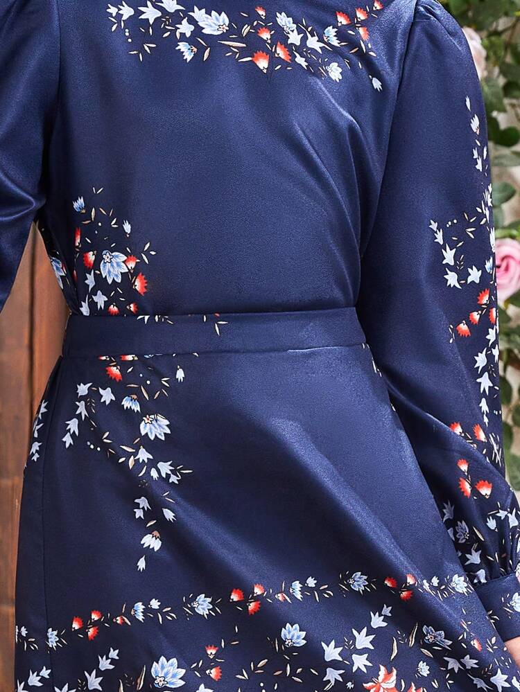 Tween Girl Set Of 2pcs Vintage Floral Patterned Round Neck Long Sleeve Shirt With Ruffle Trim Skirt & Matching Outfits For Mommy And Me (Each Set Sold Separately)