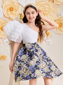 SHEIN Tween Girl 华丽荷叶边单肩两件套服装 - 藍色 - 查看 7