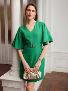 MOTF PREMIUM V領荷葉袖腰帶長裙 - 綠色 - 查看 9