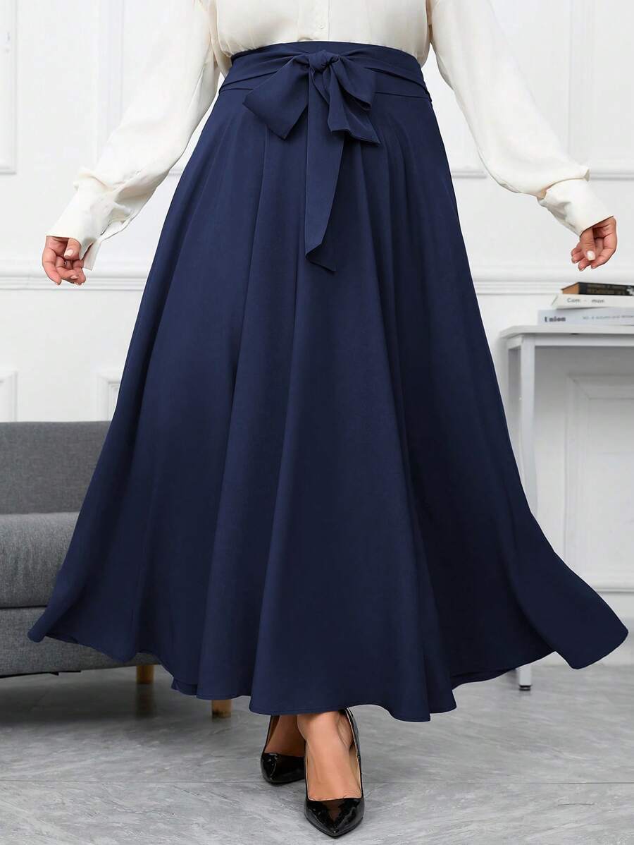 SHEIN Clasi Plus Size Solid Color Tie Belt Umbrella Skirt - Navy Blue - View 1