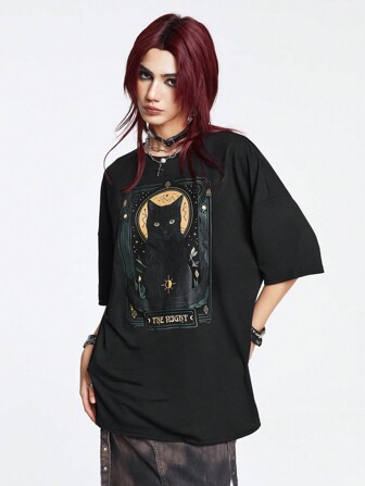 Academia Maglietta con spalla cadenti grafica gatto