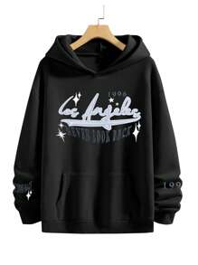 Manfinity EMRG Áo hoodie dài tay họa tiết ngôi sao và chữ cái thường ngày dành cho nam, Áo hoodie dài tay họa tiết, Dành tặng bạn bè, chồng, quà tặng bạn trai, Áo hoodie họa tiết, Áo hoodie nam, Áo hoodie Los Angeles - màu đen - Xem 3