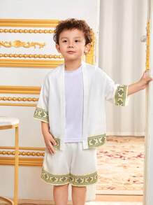 SHEIN Young Boys' Loose Casual Geometric Pattern Printed Long Sleeve Cardigan And Shorts Set - White - View 5