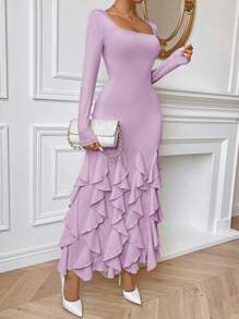 SHEIN Privé Women's Solid Color Frill Trim Fish Tail Bodycon Dress - Mauve Purple - View 6