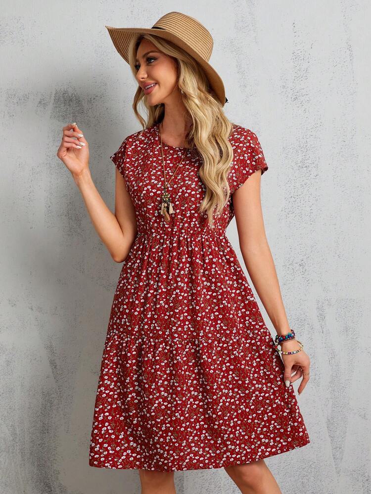 Women's Summer Red Short-Sleeve Batwing Sleeve Floral Midi Dress