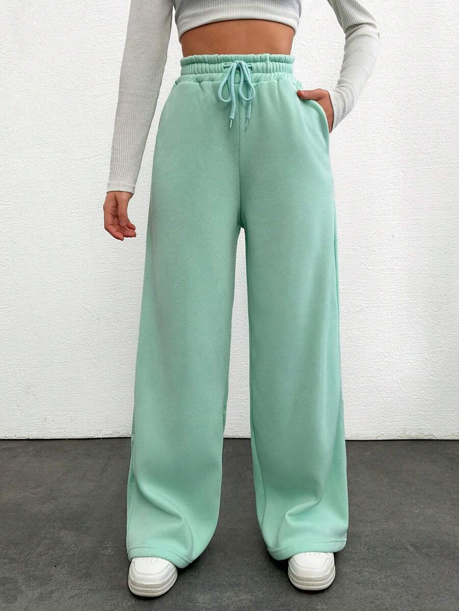 SHEIN Cottnline Women's Drawstring Waist Solid Color Wide Leg Pants - Cadet Blue - View 1