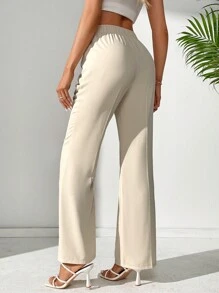 SHEIN Tall 純色休閒直筒褲 - 杏色 - 查看 2