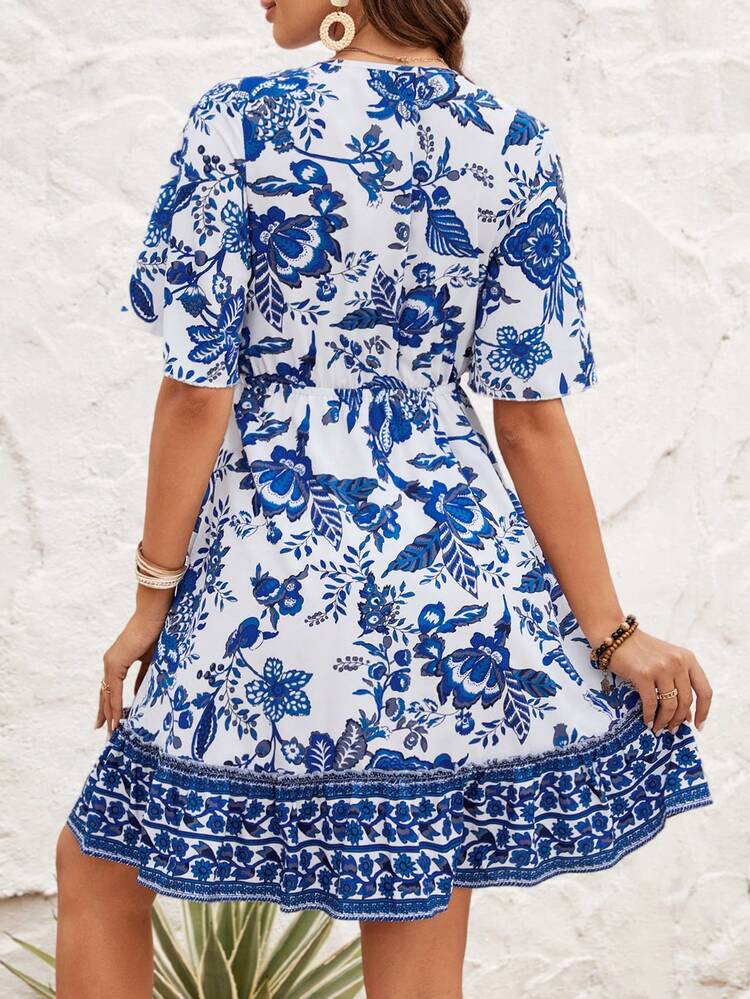 Women's Floral Printed Hollow Out Lace Up Dress