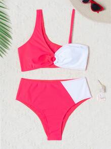 Teen Girl Two Pieces Color Block Asymmetrical Shoulder Bikini Set Summer Beach