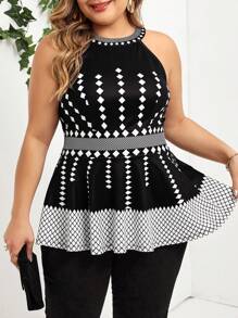 SHEIN Lady 大码露肩印花收腰时尚上衣 - 黑與白 - 查看 1