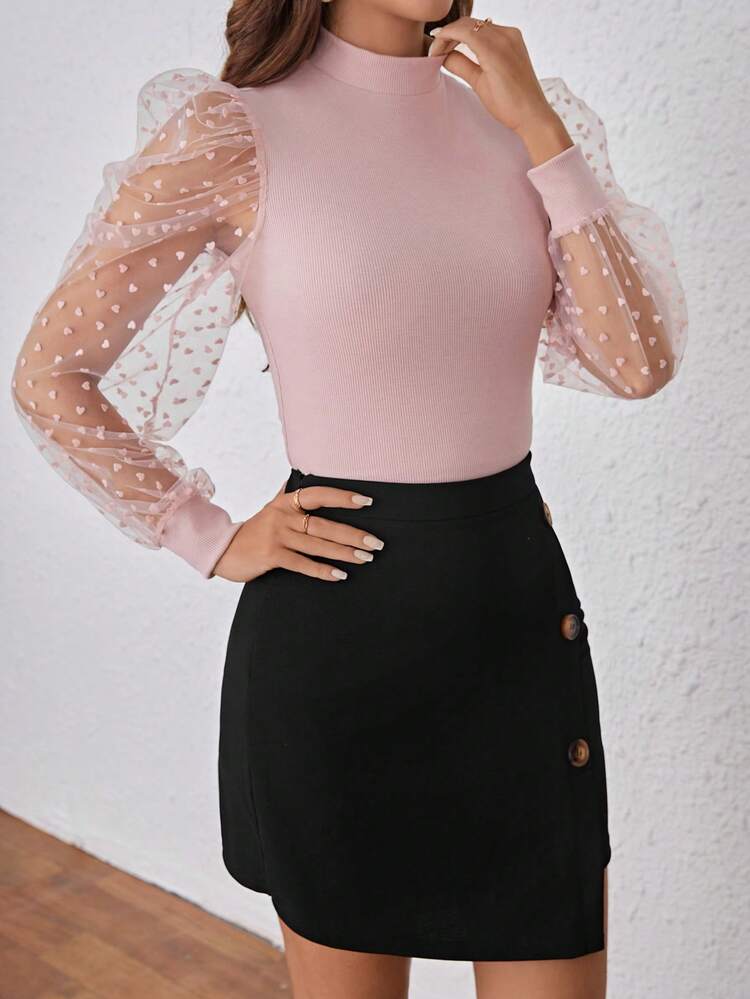 Women's Stand Collar Flocked Heart Mesh Long Sleeve Top And Button Decorated Wrapped Skirt Two-Piece Set