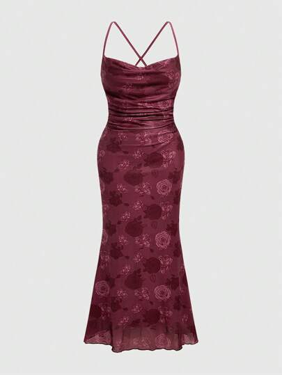 Fairycore فستان زلاق أنيق ذو ياقة غائرة وتصميم مطبوع بالأزهار وذيل السمكة، مقاسات كبيرة للسيدات