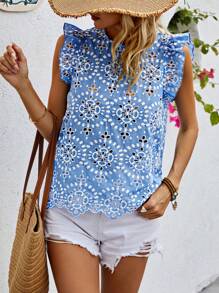 Breezaya Hollow Out Embroidery Decor Flying Flutter Sleeve Shirt - Blue - View 6