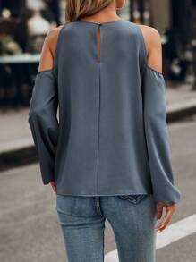 SHEIN Clasi Chất rắn Vai lạnh Tay áo Đèn lồng Áo sơ mi - Màu xanh bụi bặm - Xem 2