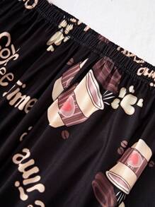 Teen Girls' Full Print Coffee Patterned Pants & Short Sleeve T-Shirt Set With Coffee Print Front, Casual Homewear - Black - View 5