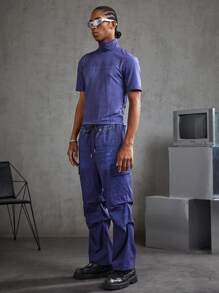 Manfinity VCAY 2pcs/Set Knitted Casual Solid Color High Neck T-Shirt And Drawstring Pocket Pants - Blue - View 6