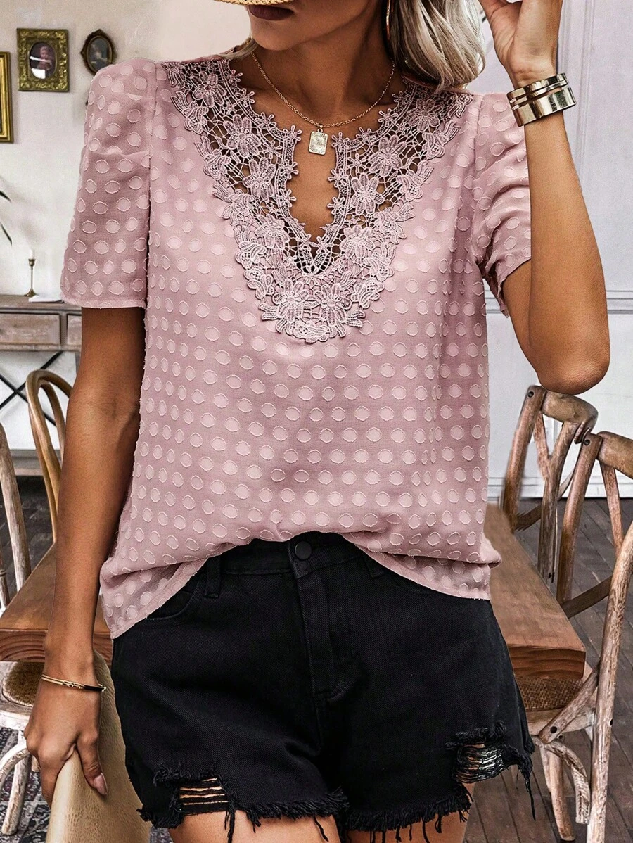 SHEIN LUNE 女士短袖泡泡袖衫配蕾絲飾邊 - 粉色 - 查看 1