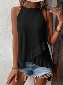 SHEIN LUNE Solid Wrap Ruffle Hem Schiffy Halter Top