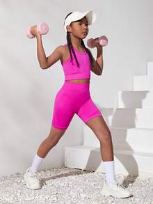 SHEIN 青少年女孩无缝针织罗纹交叉肩带背心和短裤运动两件套 - 玫紅色 - 查看 3