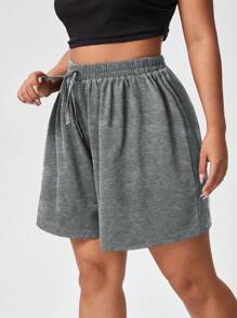 Flirla Plus Size Solid Color Loose Knit Shorts For Casual Wear - Dark Grey - View 1