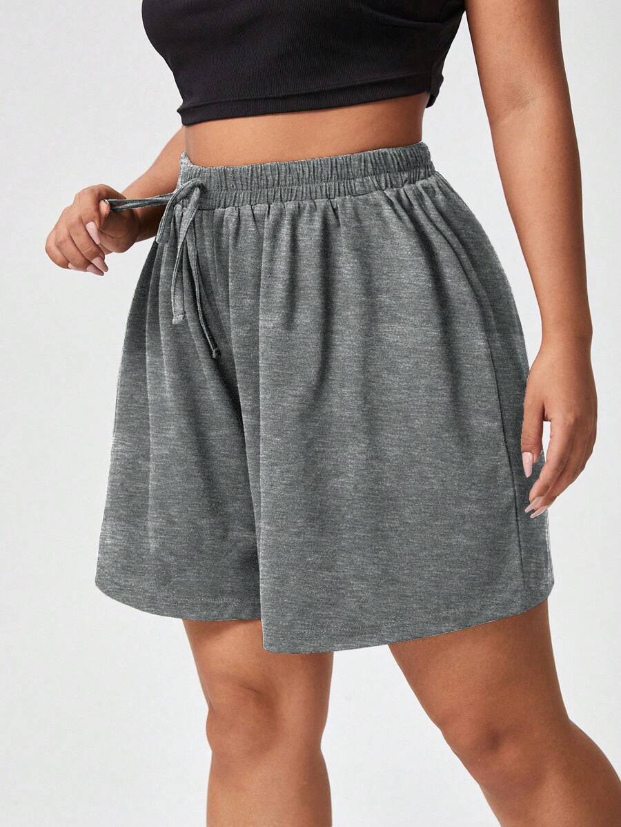 Flirla Plus Size Solid Color Loose Knit Shorts For Casual Wear - Dark Grey - View 1