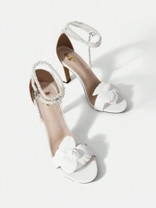 SheIn Belle Ladies' Round Toe High Heel Sandals With Pearl Chain And Flowers For Wedding Or Party - White - View 2