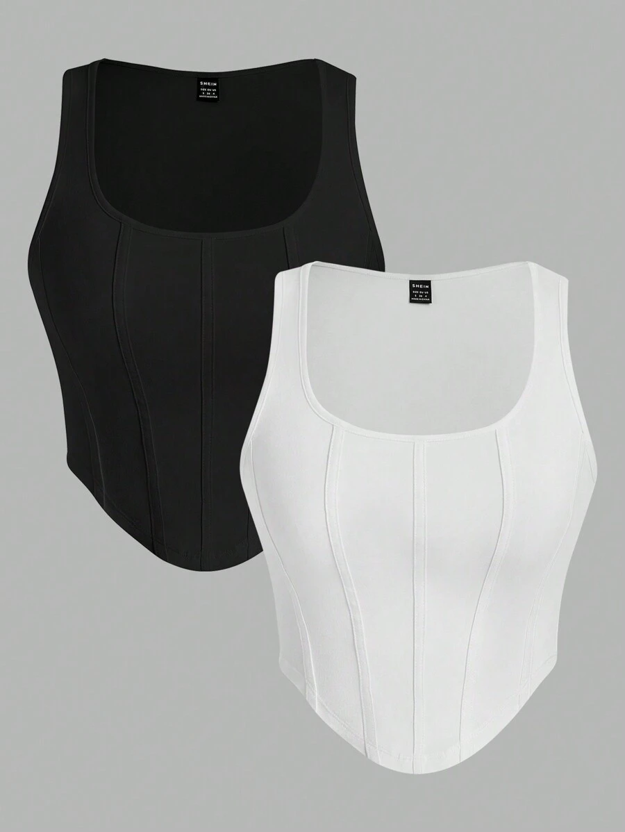 SHEIN EZwear 2 件黑白不对称下摆休闲修身女式背心,适合夏季 - 黑與白 - 查看 1